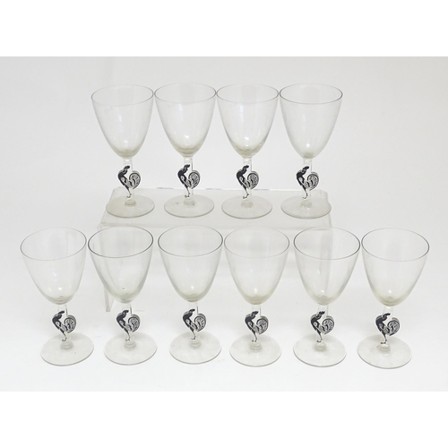 290 - A set of ten Rene Lalique Edward drinking glasses with cockerel / cock / rooster decoration to stems... 