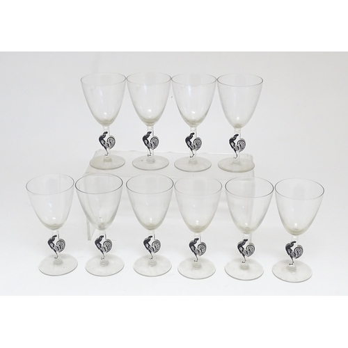 290 - A set of ten Rene Lalique Edward drinking glasses with cockerel / cock / rooster decoration to stems... 