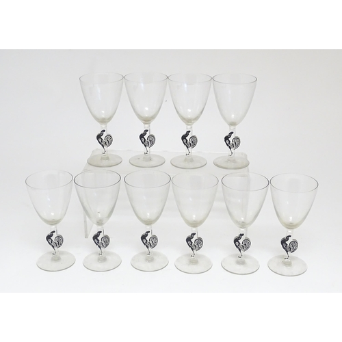 290 - A set of ten Rene Lalique Edward drinking glasses with cockerel / cock / rooster decoration to stems... 