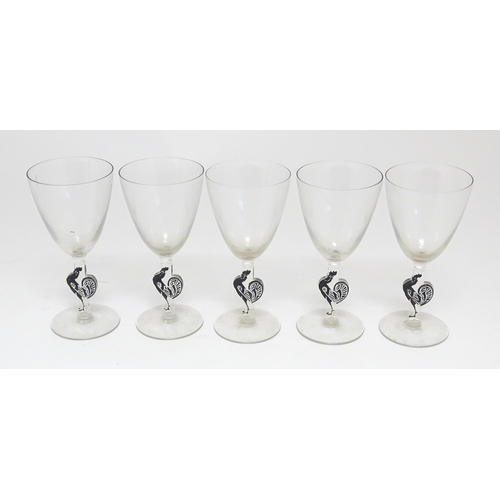 290 - A set of ten Rene Lalique Edward drinking glasses with cockerel / cock / rooster decoration to stems... 