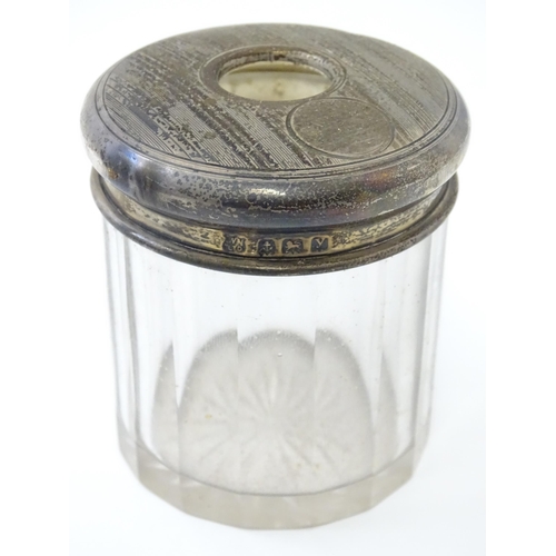 643 - Assorted dressing table items glass jar with silver top hallmarked Birmingham 1922, maker William Ne... 