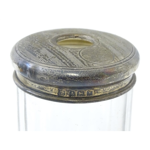 643 - Assorted dressing table items glass jar with silver top hallmarked Birmingham 1922, maker William Ne... 