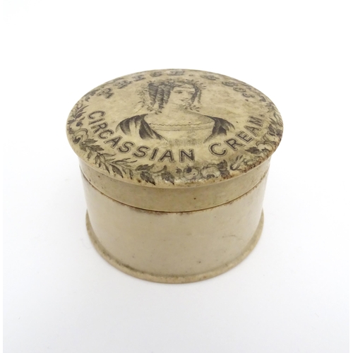 128 - A 19thC Price & Co. Circassian Cream pot lid and base decorated with an elegant lady to centre with ... 