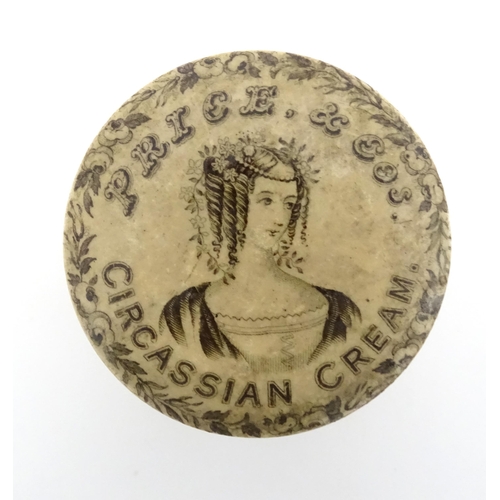 128 - A 19thC Price & Co. Circassian Cream pot lid and base decorated with an elegant lady to centre with ... 