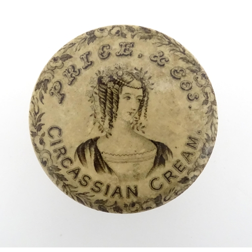 128 - A 19thC Price & Co. Circassian Cream pot lid and base decorated with an elegant lady to centre with ... 