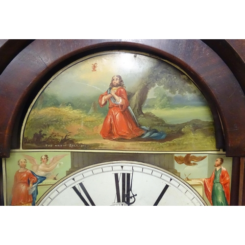 1643 - A 19thC mahogany 8-day longcase clock with arch shaped hood, the painted dial with Roman numerals, s... 