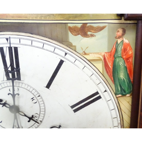 1643 - A 19thC mahogany 8-day longcase clock with arch shaped hood, the painted dial with Roman numerals, s... 