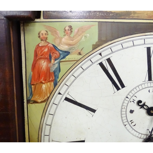 1643 - A 19thC mahogany 8-day longcase clock with arch shaped hood, the painted dial with Roman numerals, s... 