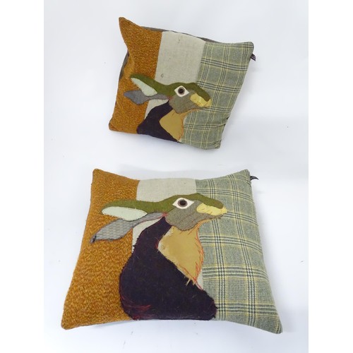 556 - Six cushions by Carola van Dyke depicting hare, pheasant and squirrel. Approx 19 1/2