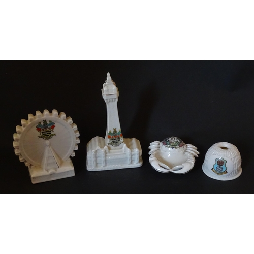 141 - Four items of Crested china comprising a W. H. Goss Model of a Lobster Trap for Lowestoft, an Arcadi... 