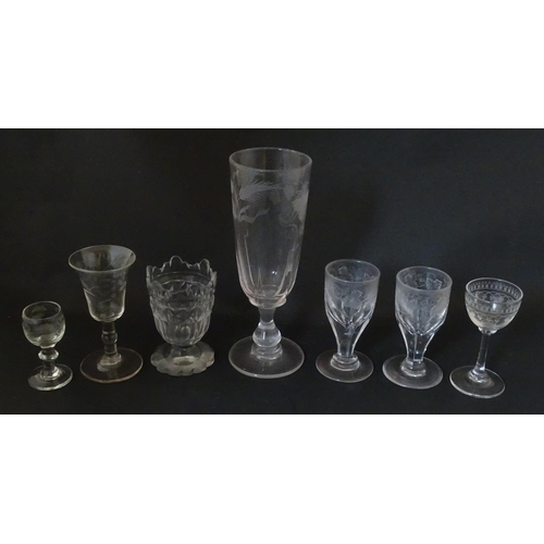 196 - A quantity of 19thC and later pedestal glasses one with etched barley decoration. Largest approx. 7 ... 