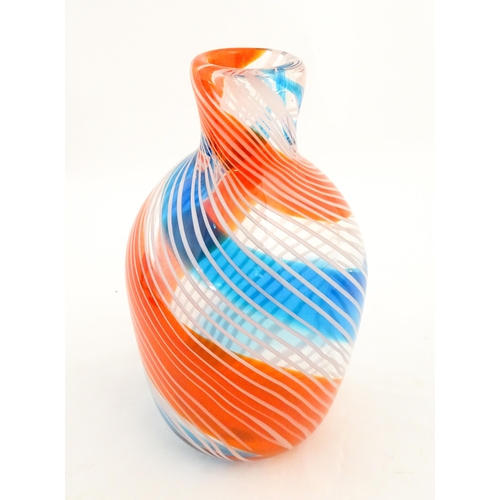 199 - A 20thC art glass vase with blue, red and white detail. In the manner of Fratelli Toso. Approx. 8 1/... 