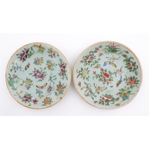 32 - Two Chinese / Cantonese plates decorated with flowers, foliage, insects and birds. Character marks u... 