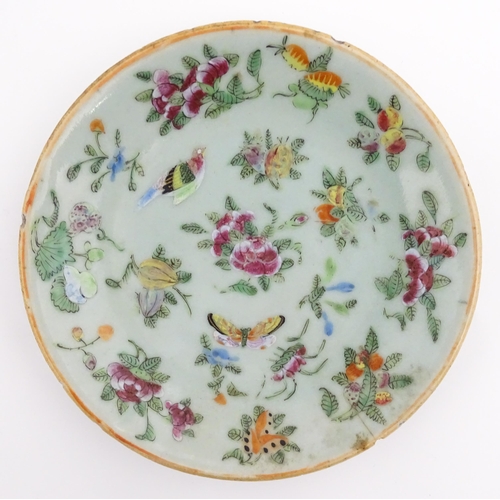 32 - Two Chinese / Cantonese plates decorated with flowers, foliage, insects and birds. Character marks u... 