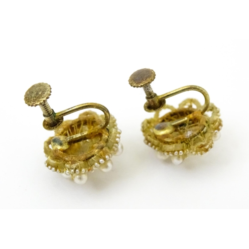 755 - A pair of 19thC mother of pearl and seed pearl earrings. Together with a seed pearl brooch. Earrings... 