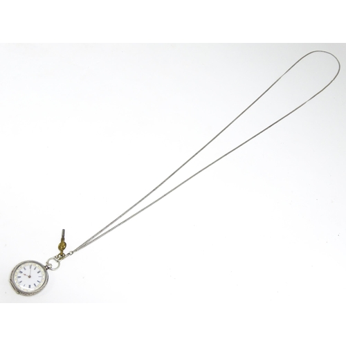 803 - A Swiss .935 silver cased key wind fob watch, the white enamel dial with foliate border, and Roman c... 