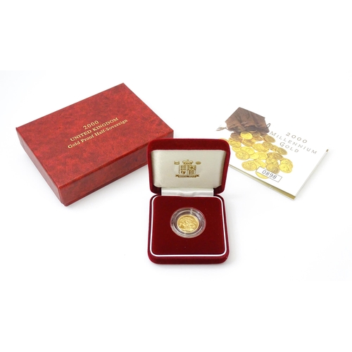 831 - Collectors Coin : a Royal Mint 2000/Millenium gold proof half sovereign, number 0898 of a limited ed... 