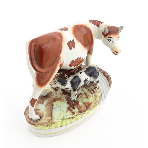 44 - A Staffordshire pottery model of a cow and calf on a naturalistic base. Approx. 7