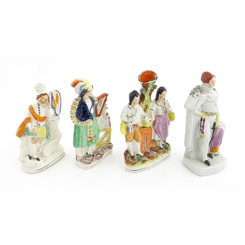 47 - Eight assorted Staffordshire pottery flatback figures to include Red Riding Hood, a Scottish couple,... 