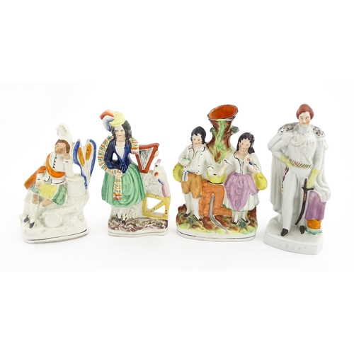 47 - Eight assorted Staffordshire pottery flatback figures to include Red Riding Hood, a Scottish couple,... 