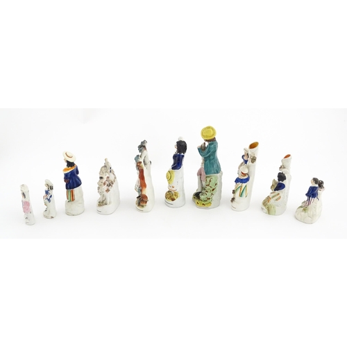 49 - Ten assorted Staffordshire pottery figures to include figural groups, a young girl sat on a goat, bu... 