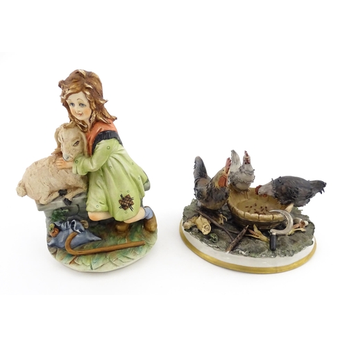 72 - A Capodimonte model of a shepherdess, signed Gianni. Together with a Capodimonte group of chickens. ... 