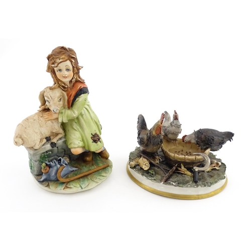 72 - A Capodimonte model of a shepherdess, signed Gianni. Together with a Capodimonte group of chickens. ... 