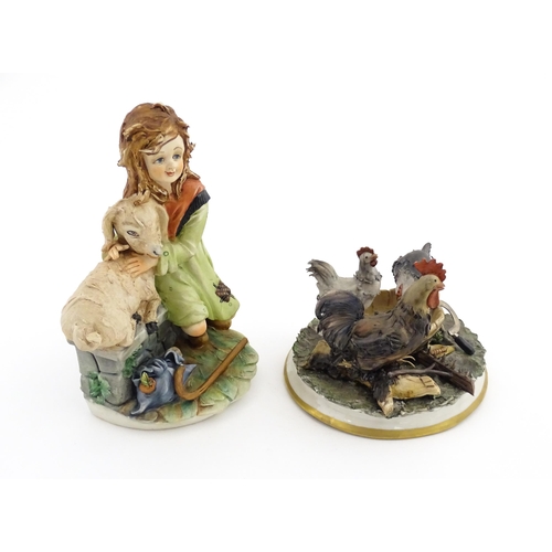 72 - A Capodimonte model of a shepherdess, signed Gianni. Together with a Capodimonte group of chickens. ... 