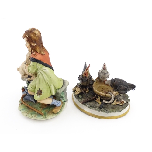 72 - A Capodimonte model of a shepherdess, signed Gianni. Together with a Capodimonte group of chickens. ... 