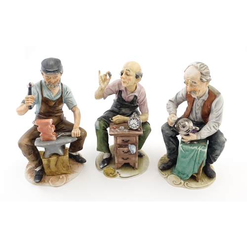 73 - Three Capodimonte figures comprising The Stein Maker, The Clock Repairer, and The Ironmonger. Two si... 