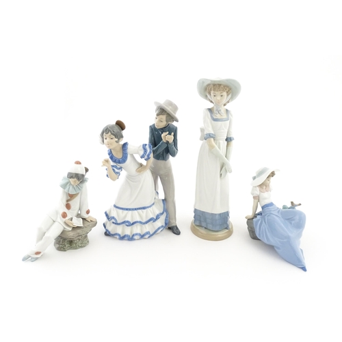 74 - Four Nao figures comprising Listening to the Bird, Louise with Summer Hat, Flamenco Dancers, and Lov... 