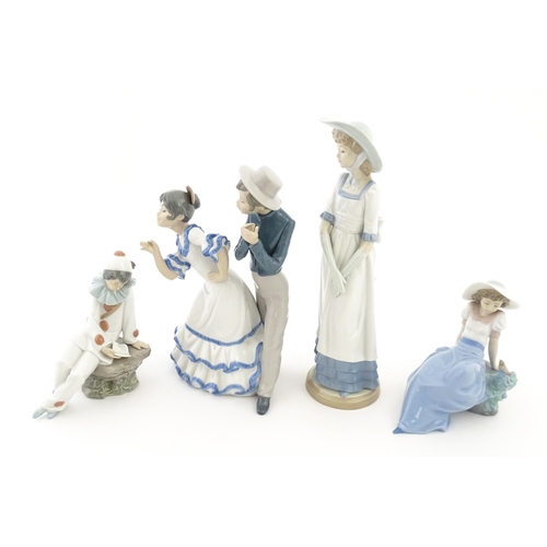 74 - Four Nao figures comprising Listening to the Bird, Louise with Summer Hat, Flamenco Dancers, and Lov... 