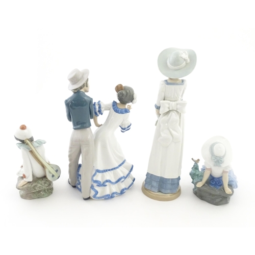 74 - Four Nao figures comprising Listening to the Bird, Louise with Summer Hat, Flamenco Dancers, and Lov... 