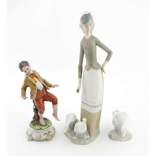 77 - A Lladro figure Girl with Geese, and a Lladro model of a goose. Together with a Capodimonte model of... 