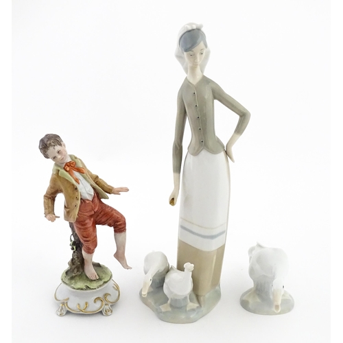 77 - A Lladro figure Girl with Geese, and a Lladro model of a goose. Together with a Capodimonte model of... 