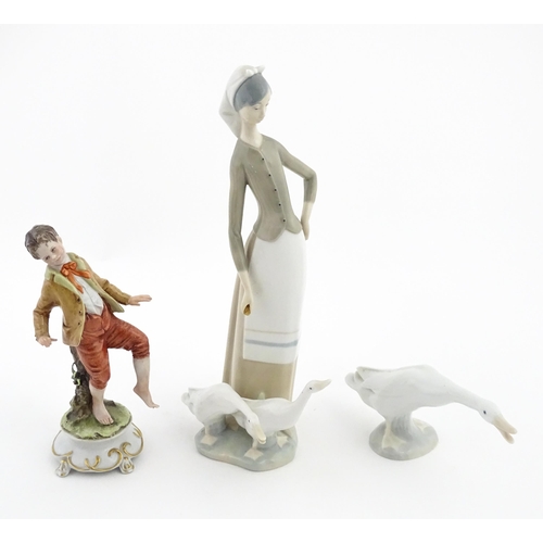 77 - A Lladro figure Girl with Geese, and a Lladro model of a goose. Together with a Capodimonte model of... 