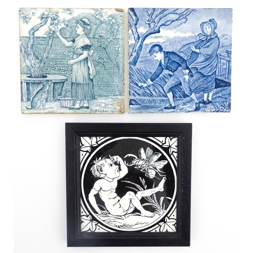 80 - A Minton black and white tile decorated in the Elfin pattern. Together with two Wedgwood calendar ti... 