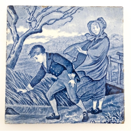 80 - A Minton black and white tile decorated in the Elfin pattern. Together with two Wedgwood calendar ti... 