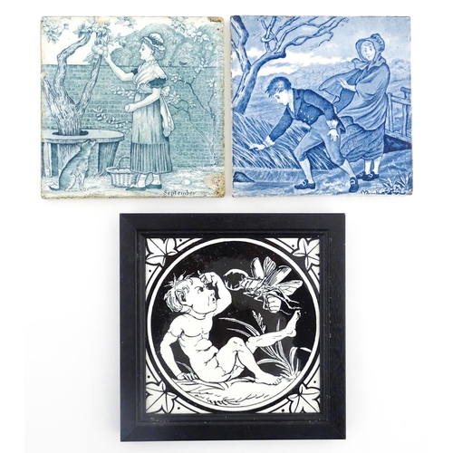 80 - A Minton black and white tile decorated in the Elfin pattern. Together with two Wedgwood calendar ti... 