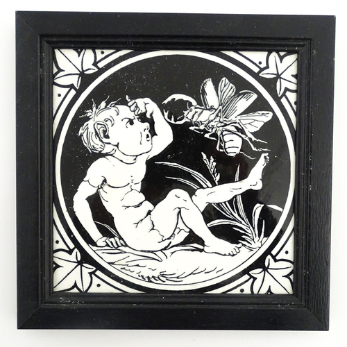 80 - A Minton black and white tile decorated in the Elfin pattern. Together with two Wedgwood calendar ti... 