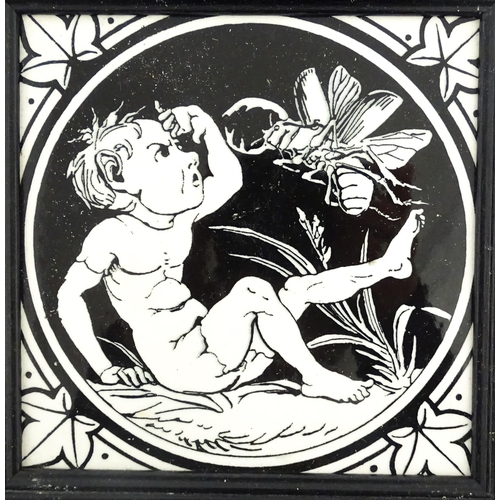 80 - A Minton black and white tile decorated in the Elfin pattern. Together with two Wedgwood calendar ti... 