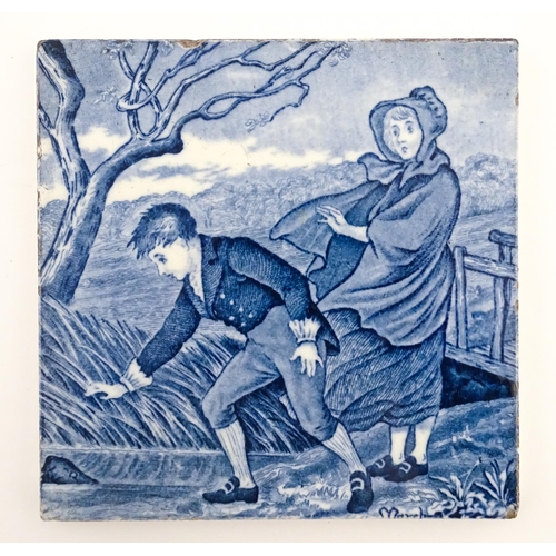 80 - A Minton black and white tile decorated in the Elfin pattern. Together with two Wedgwood calendar ti... 