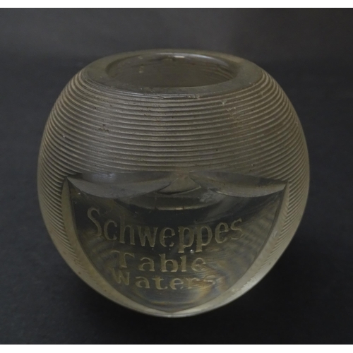 191 - A 20thC glass Schweppes Table Waters advertising table top vesta / match keep with ribbed striker bo... 