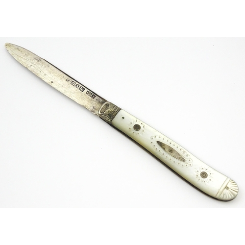 317 - A mother of pearl handled folding fruit knife with silver blade hallmarked Sheffield 1844 maker Geor... 