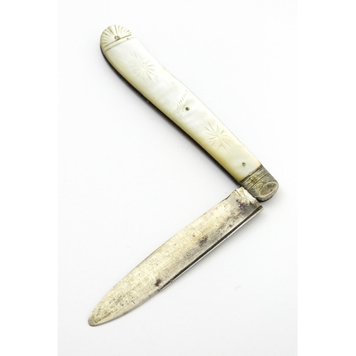 317 - A mother of pearl handled folding fruit knife with silver blade hallmarked Sheffield 1844 maker Geor... 