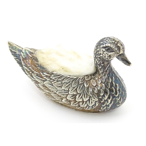 281 - A silver novelty pin cushion in the form of a duck. Hallmarked Birmingham 1909 maker Adie & Lovekin ... 