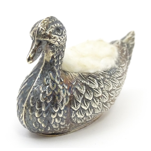 281 - A silver novelty pin cushion in the form of a duck. Hallmarked Birmingham 1909 maker Adie & Lovekin ... 