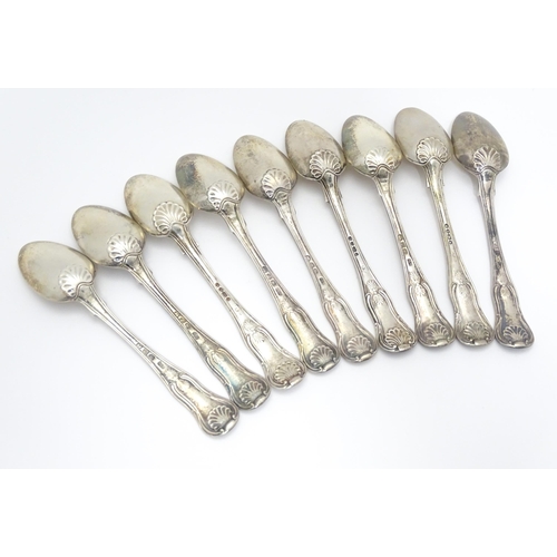 366 - A matched set of nine George III and later silver teaspoons. Six hallmarked London 1813 maker GS. To... 