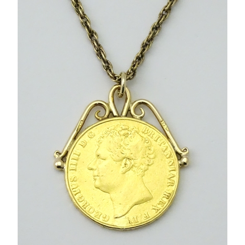 827 - Coin : An 1823 George IV double sovereign mounted as a pendant with 18ct gold hanger mount (Approx. ... 