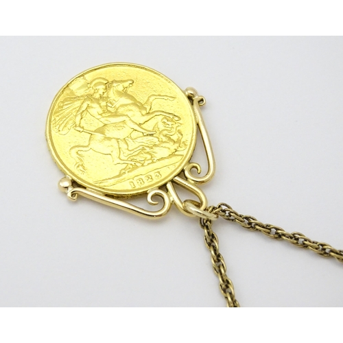 827 - Coin : An 1823 George IV double sovereign mounted as a pendant with 18ct gold hanger mount (Approx. ... 